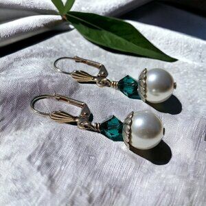 Blue Zircon Swarovski Crystal and Pearl Earrings